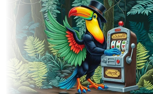 Tucán de Flappy jugando a una tragamonedas en la selva