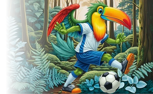 Tucán de Flappy pateando una pelota de fútbol en la selva