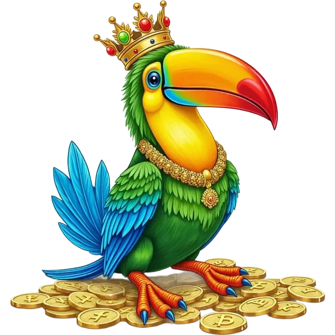 Tucán de Flappy Casino con corona sobre monedas de oro
